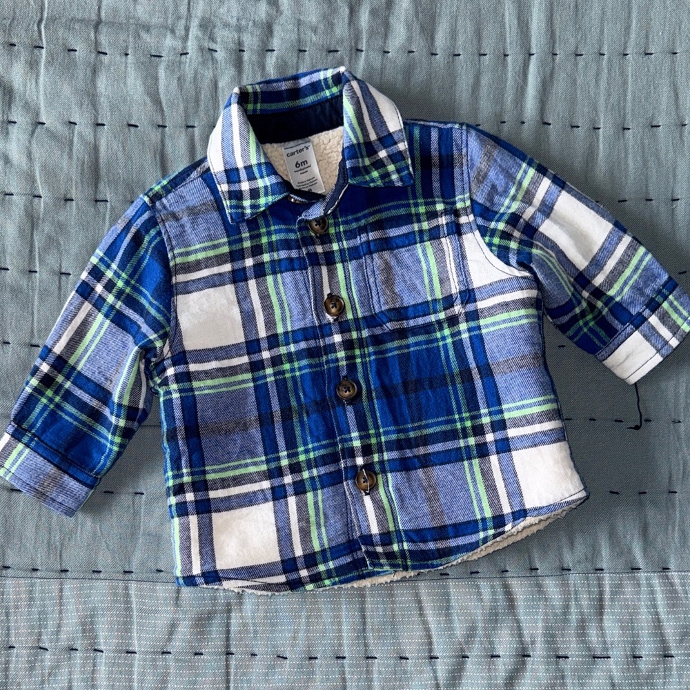 Carter's Blue, White & Green Plaid Button-Front Sherpa Jacket